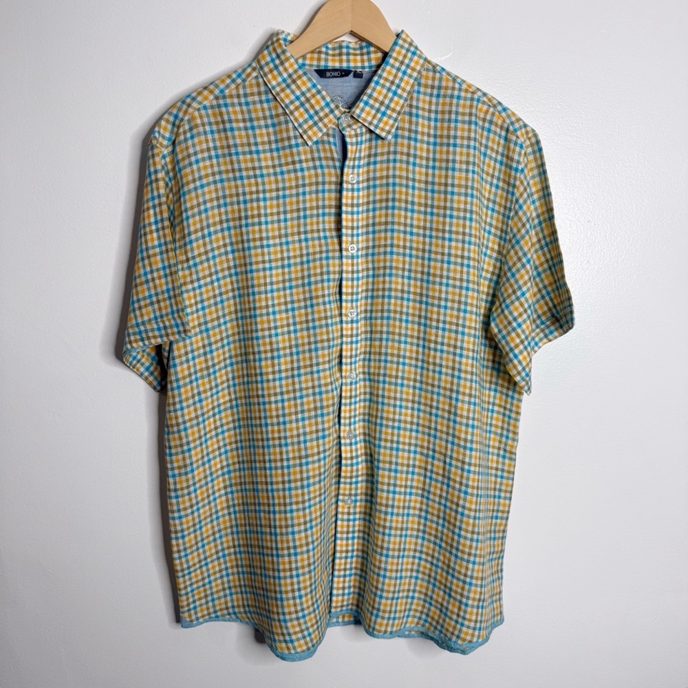 NWOT Bohio Men’s 100% Linen Short Sleeves Button Up Shirt Plaid Yellow Blue XL‎